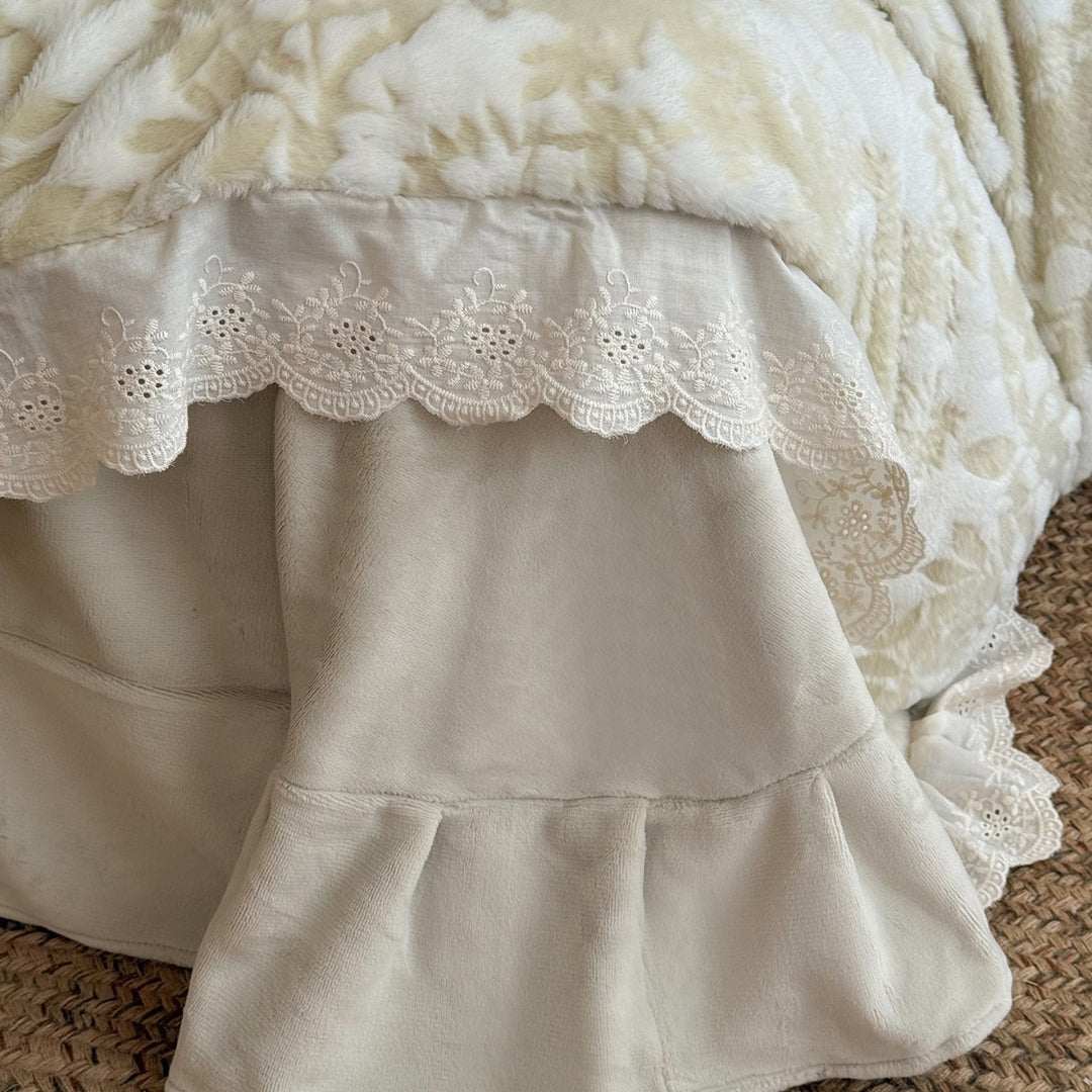 Floral Embossed Plush Jacquard Duvet Cover Set with Scalloped Lace Ruffled Shams