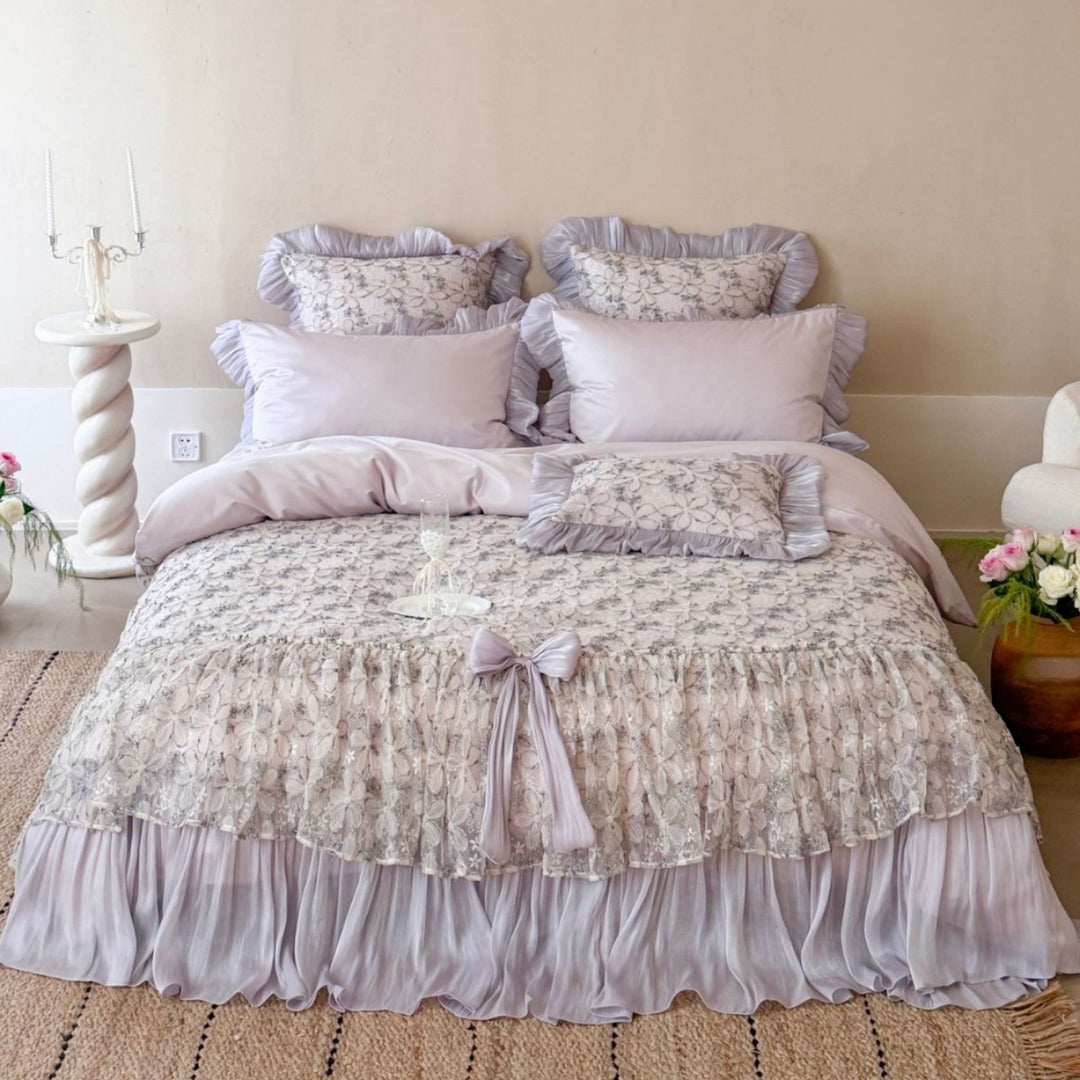 Ruffled Lace-Overlay Romantic Bedspread and Duvet Cover Set with Decorative Bow