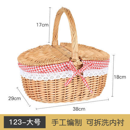 Women's braided basket with checkered fabric insert and decorative lace embellishment Stornfield