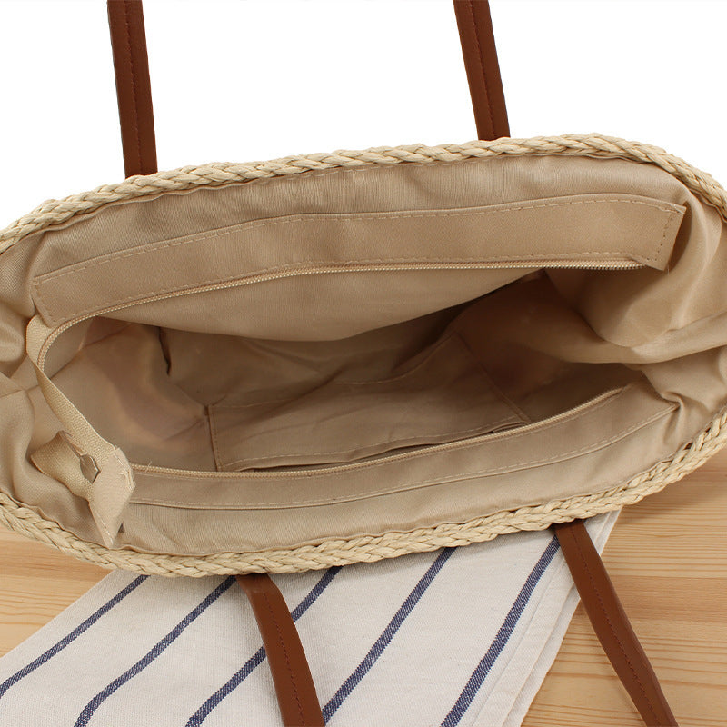 Braided Bast Handbag with Leather Handles Stornfield