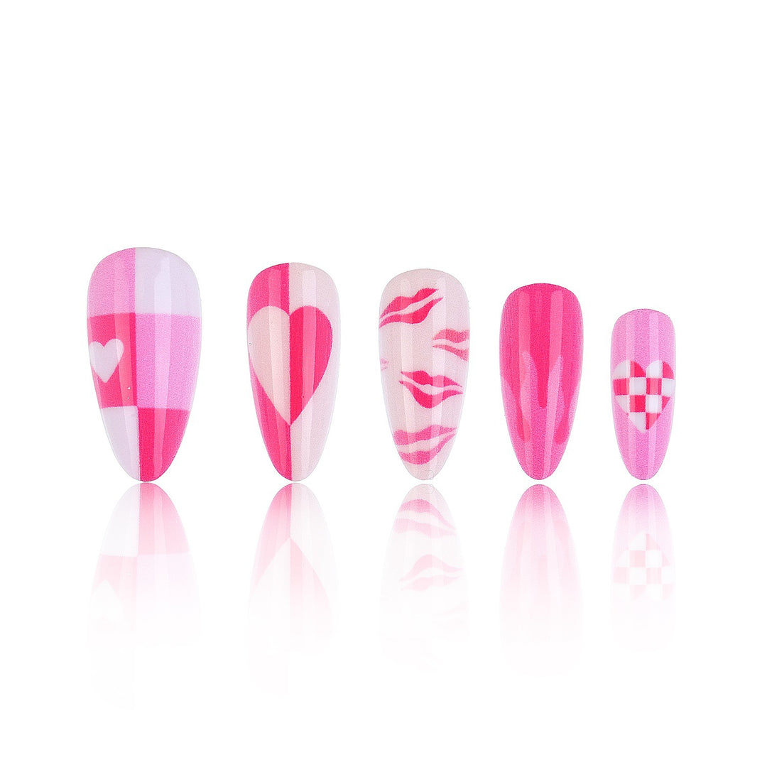 Artistic Press-On Nail Set with Heart and Flame Design Stornfield