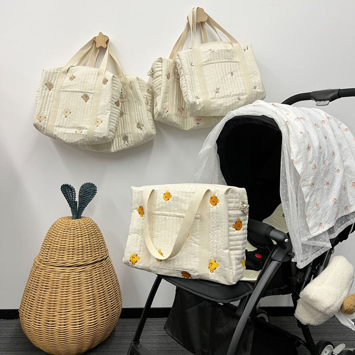 Quilted Convertible Diaper Backpack with Embroidered Animal Appliqué and Stroller Hook