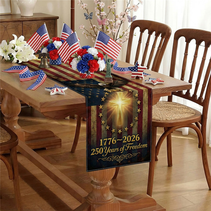 Patriotic Cotton-Linen Table Runner with Statue of Liberty and American Flag Print