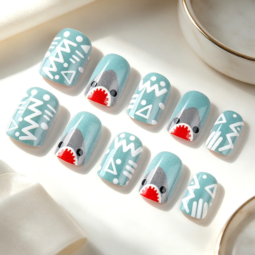 Artistic Shark-Themed Press-On Nail Design Stornfield