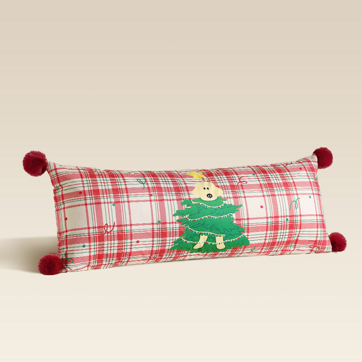 Long decorative lumbar and neck pillow in Christmas check with pompom and dog-tree motif Stornfield