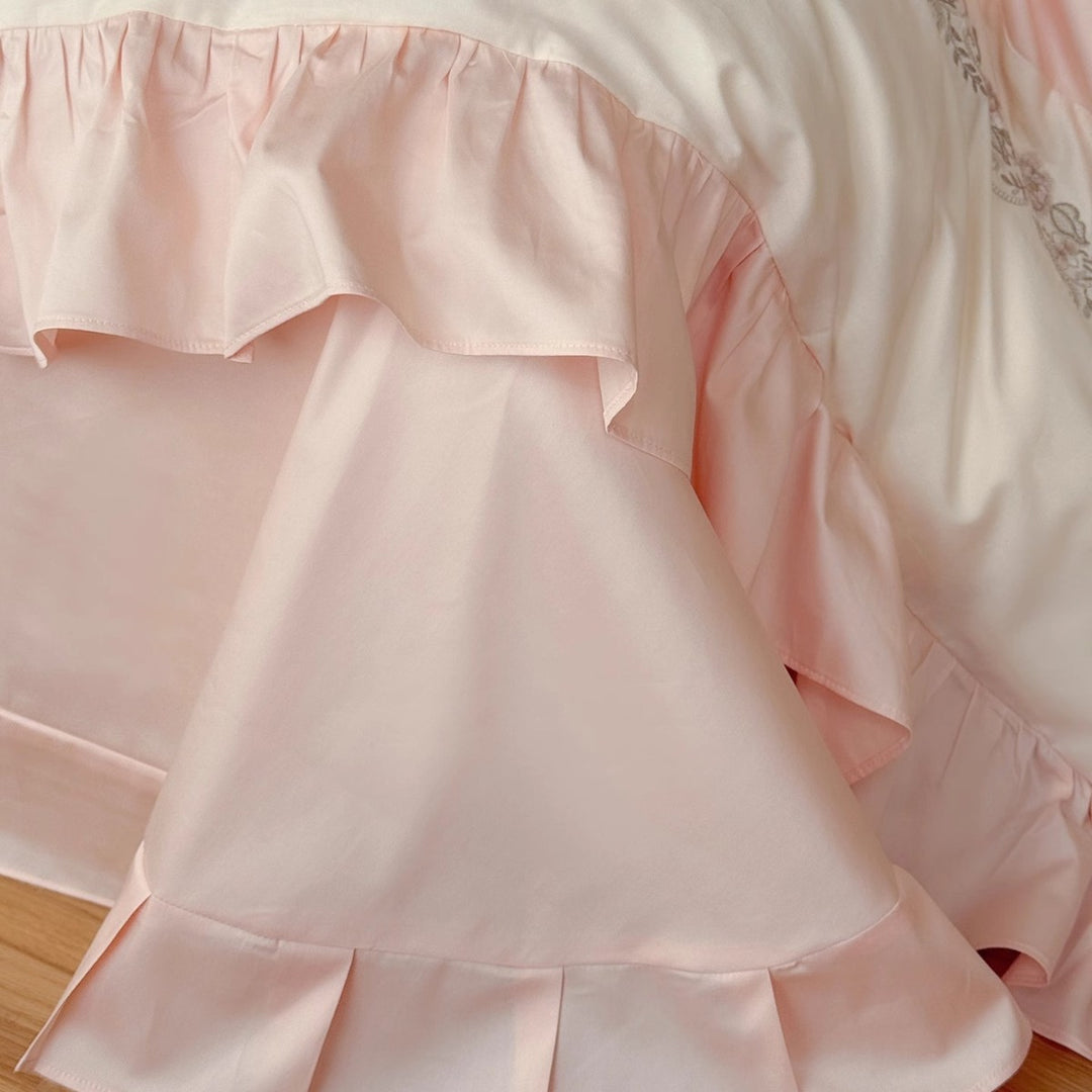 Romantic Ruffle-Trim Cotton Duvet Cover Ensemble with Embroidered Border & Pillow Shams