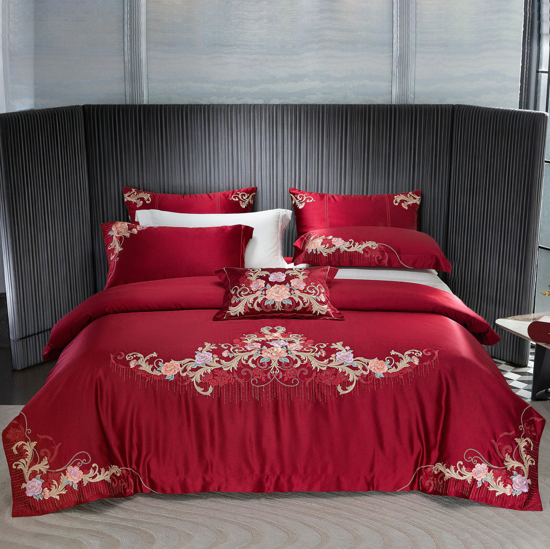 Silk-Look Botanical Embroidered Duvet Cover Ensemble with Decorative Pillow and Euro Shams