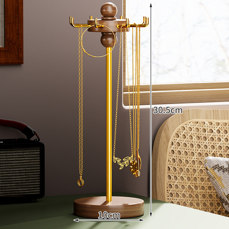 Wooden-Base Multi-Arm Jewelry Stand with Gold-Plated Hooks and Necklace Organizer