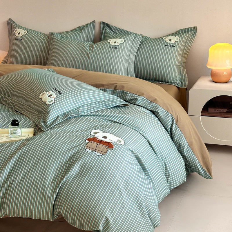 Green Striped Cotton-Rich Duvet Cover Set with Embroidered Koala and Reversible Brown Lining