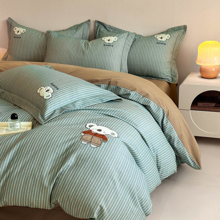Green Striped Cotton-Rich Duvet Cover Set with Embroidered Koala and Reversible Brown Lining