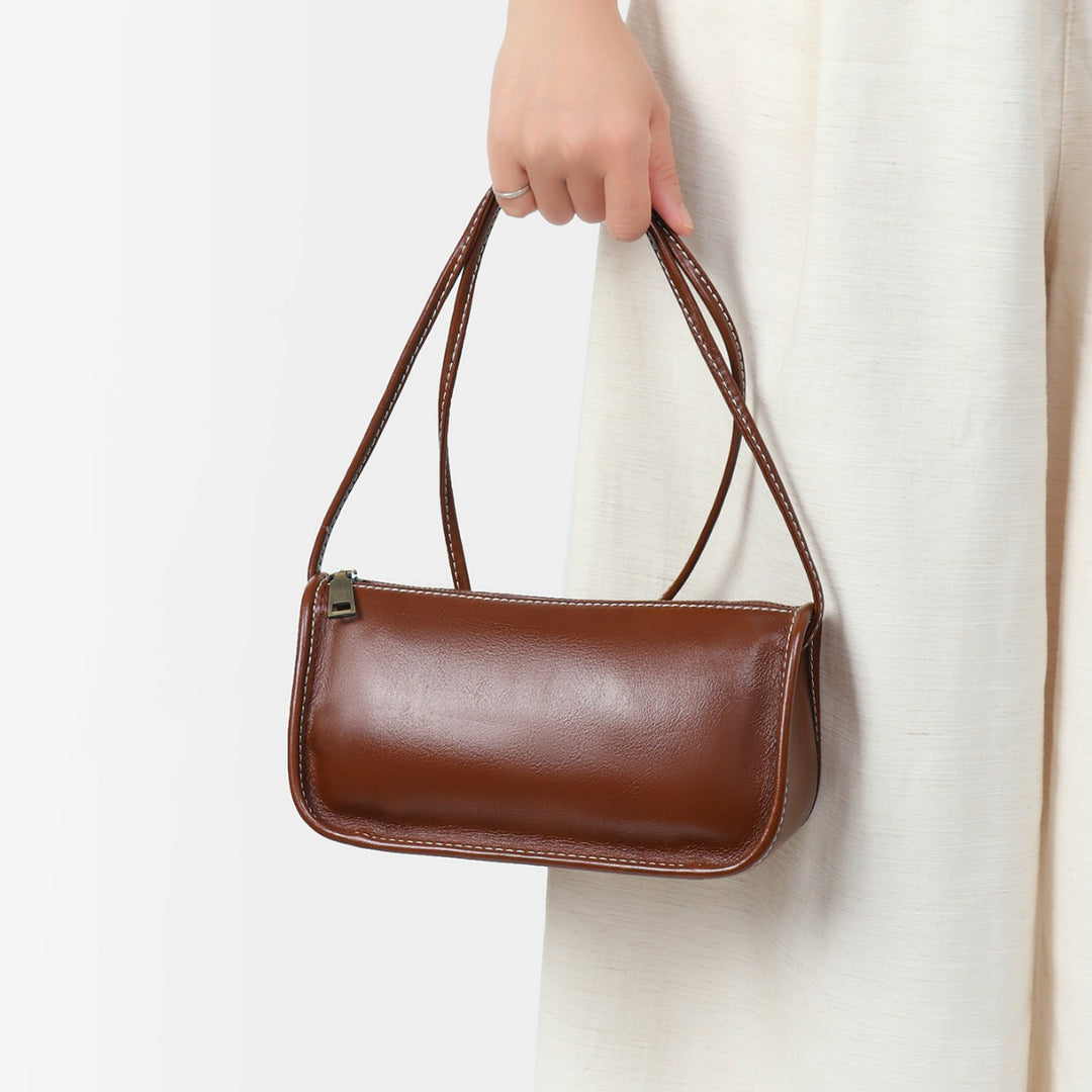 Structured Leather Baguette Shoulder Bag with Top Zip and Double Strap