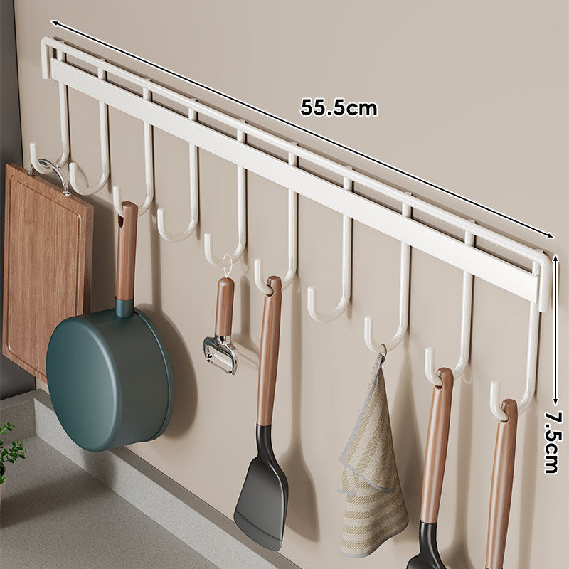 Wall-Mounted Multi-Hook Kitchen Utensil and Pan Hanger Rack