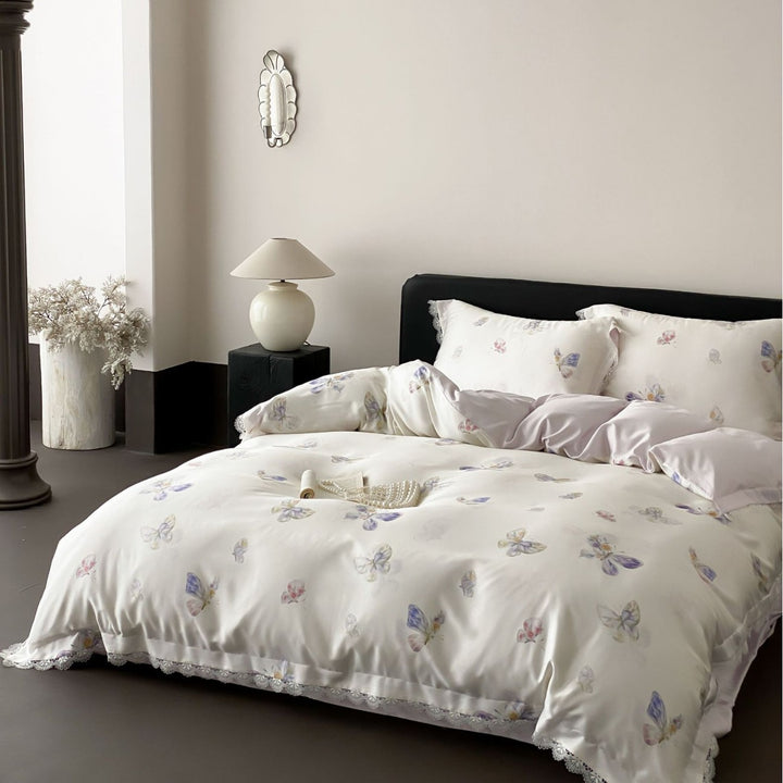 Floral Lace-Trim Satin Sateen Duvet Cover Set with Pillow Shams