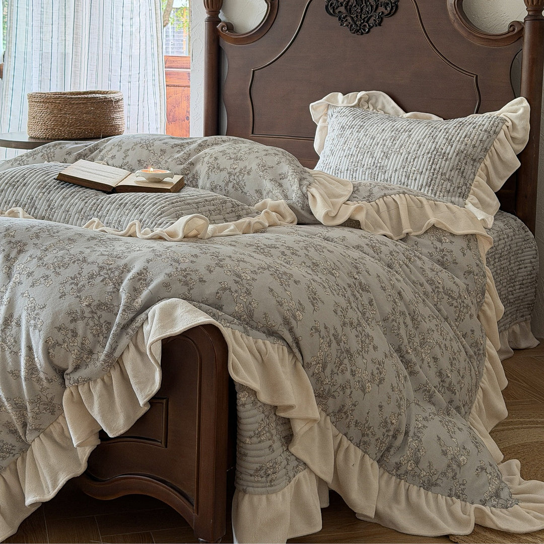 Floral Quilted Ruffled Duvet Cover Set with Gathered Pillow Shams