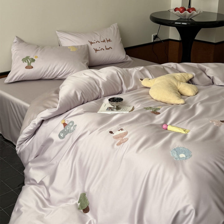 Playful Embroidered Satin-Feel Duvet Cover & Sheet Set