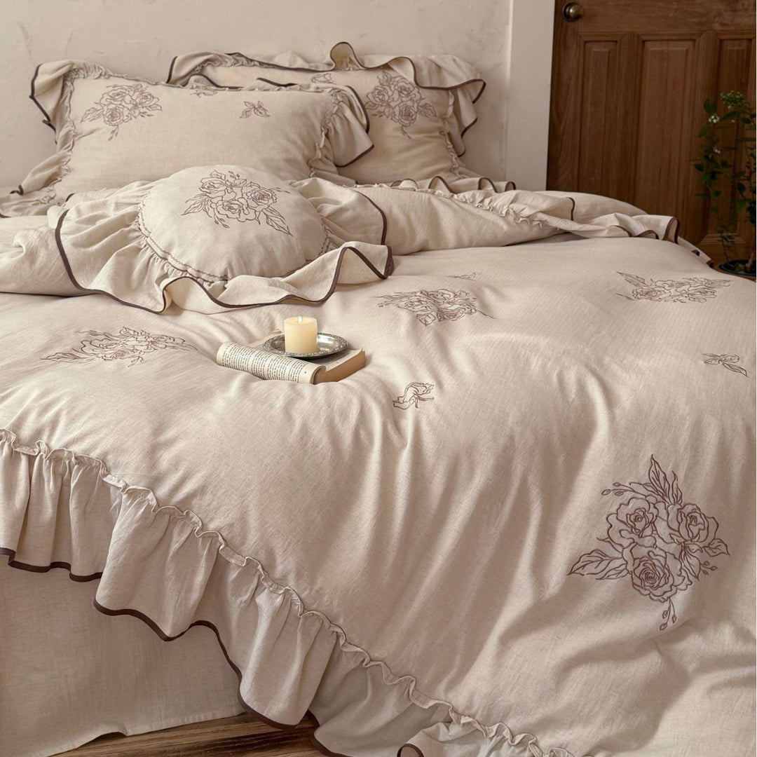 Embroidered Floral Ruffled Linen Duvet Cover Set