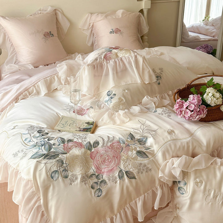 Rose-Embroidered Ruffled Satin-Feel Duvet Cover Ensemble with Decorative Frill and Pillow Shams