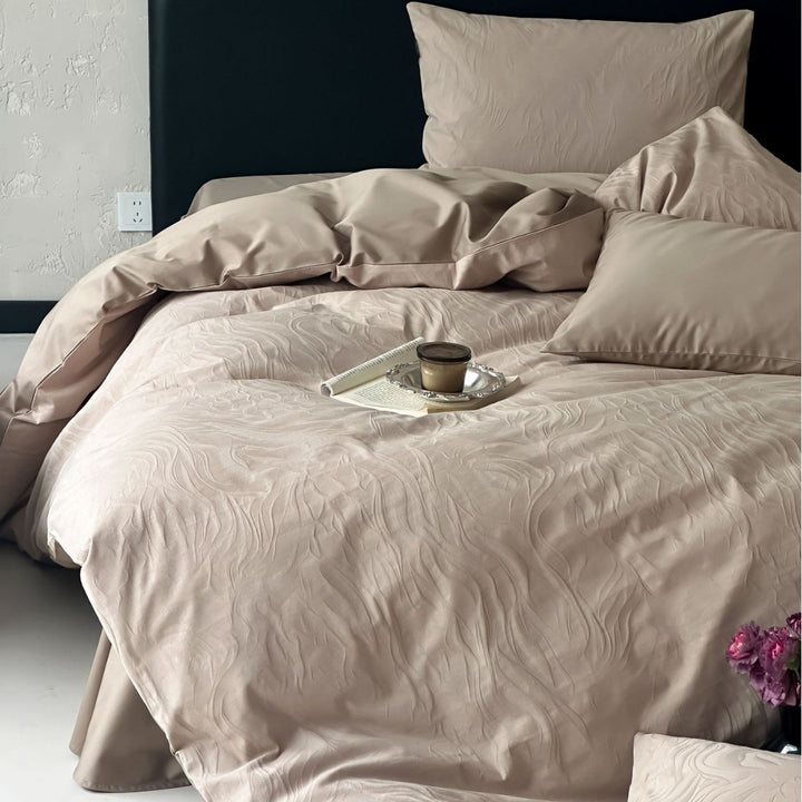 Luxury cotton satin bedding set with embossed wave texture and concealed hotel closure