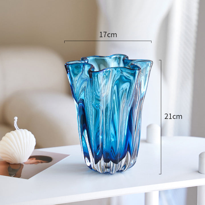 Handblown Ribbed Petal-Rim Decorative Glass Centerpiece Vase Stornfield