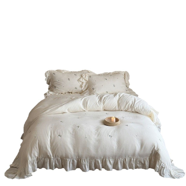 Ruffled Embroidered Linen-Blend Duvet Cover Set with Scalloped Ruffle Hem