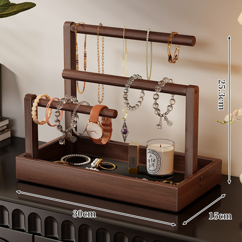 Tiered Wooden Jewelry and Watch Organizer with Tray and Hanging Rods