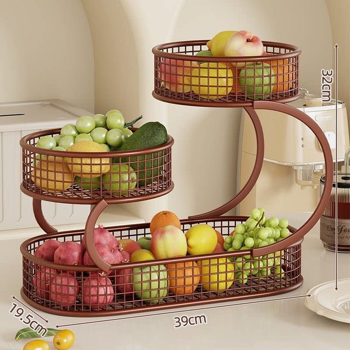 Three-Tier S-Shaped Metal Mesh Fruit and Kitchen Counter Organizer with Built-In Napkin Holder