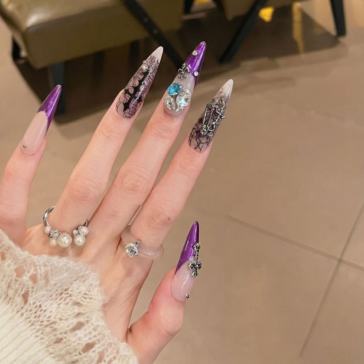 Artistic Stiletto Press-On Nail Set with Unique Floral and Gemstone Accents Stornfield