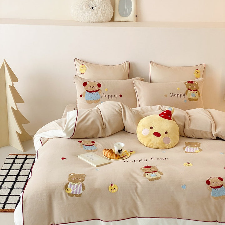 Reversible Cozy Duvet Cover and Pillowcase Set with Embroidered Puppy Appliqués