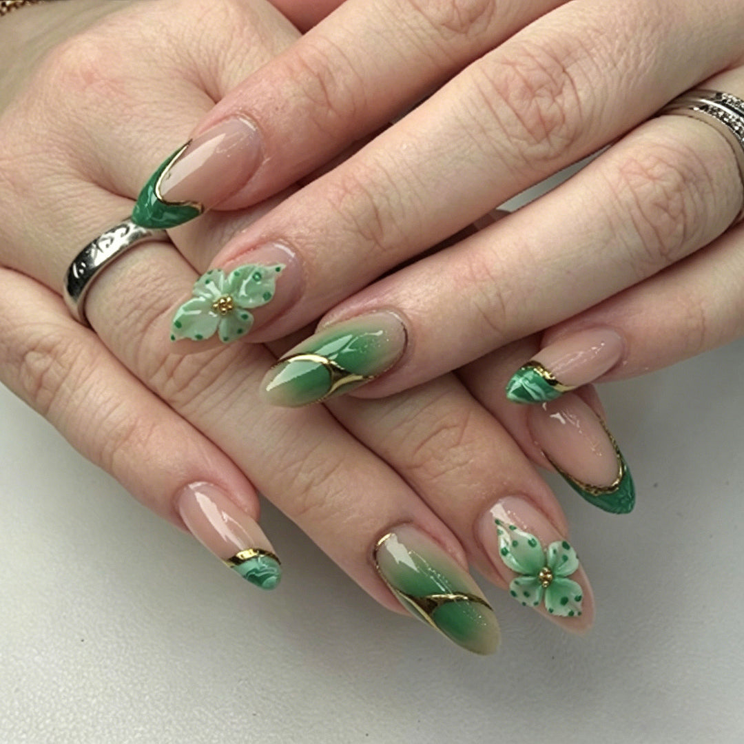 Artistic Floral and Gem-Embellished Press-On Nails Stornfield