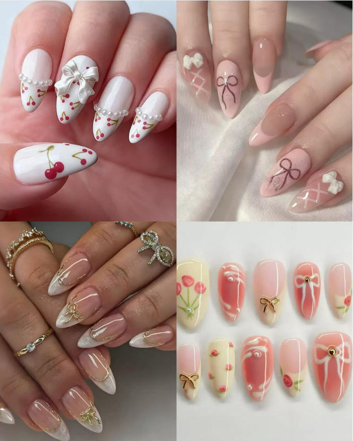 Acrylic Nail Set with Elegant Bows and Glamorous Accent Stornfield