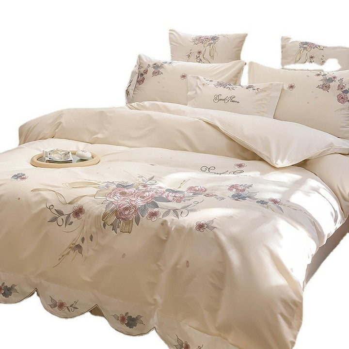 Floral Embroidered Cotton Duvet Cover Ensemble with Scalloped Border & Decorative Shams