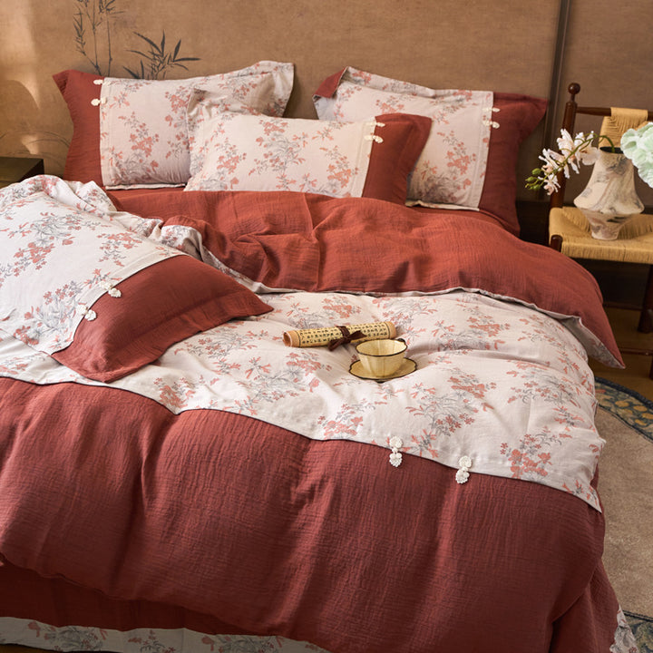 Romantic cotton-linen reversible bedding set with floral print and decorative cords