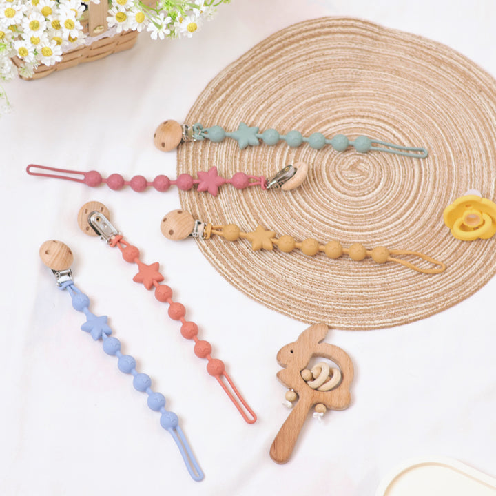 Silicone Star-Bead Pacifier and Teether Clip with Wooden Safety Clamp