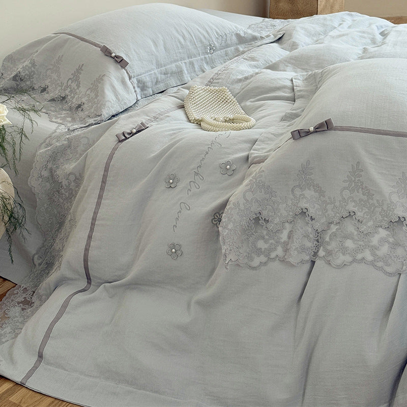 Romantic Lace-Edged Embroidered Duvet Cover Set with Satin Ribbon Trim & Scalloped Hem