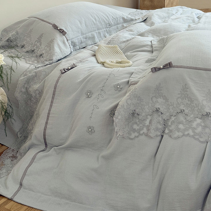 Romantic Lace-Edged Embroidered Duvet Cover Set with Satin Ribbon Trim & Scalloped Hem