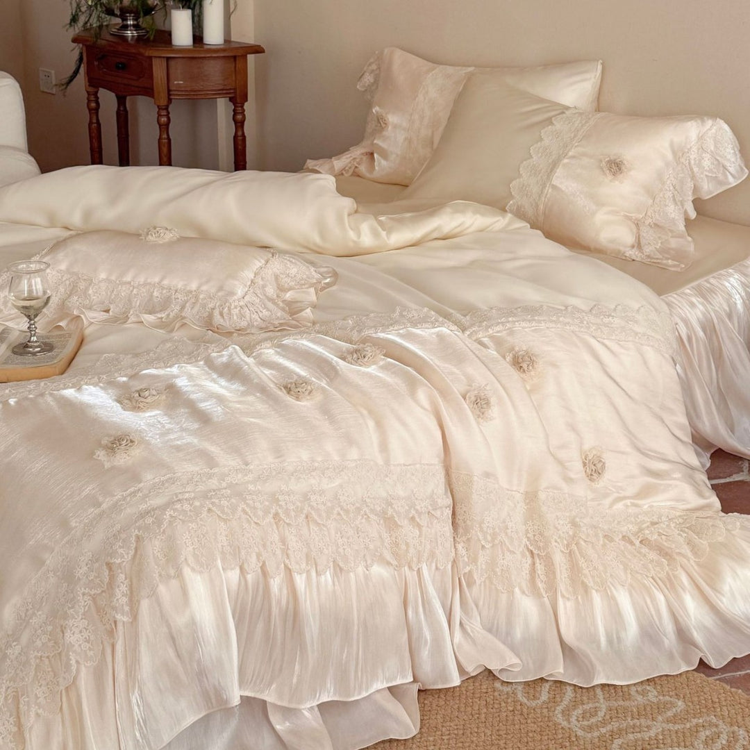 Lace-Trimmed Satin Ruffled Duvet Cover Set with Rosette Pillow Shams