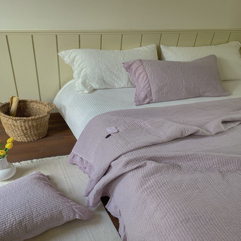 Quilted Washed Linen Bedspread Set with Frayed Lace Edge and Matching Pillow Shams