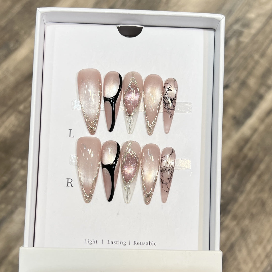Artistic Stiletto Press-On Nail Set with Unique Marble Design Stornfield