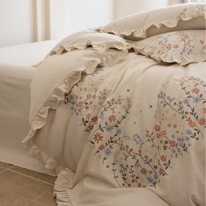 Floral Embroidered Ruffled Duvet Cover Set with Frilled Edge and Pillow Shams