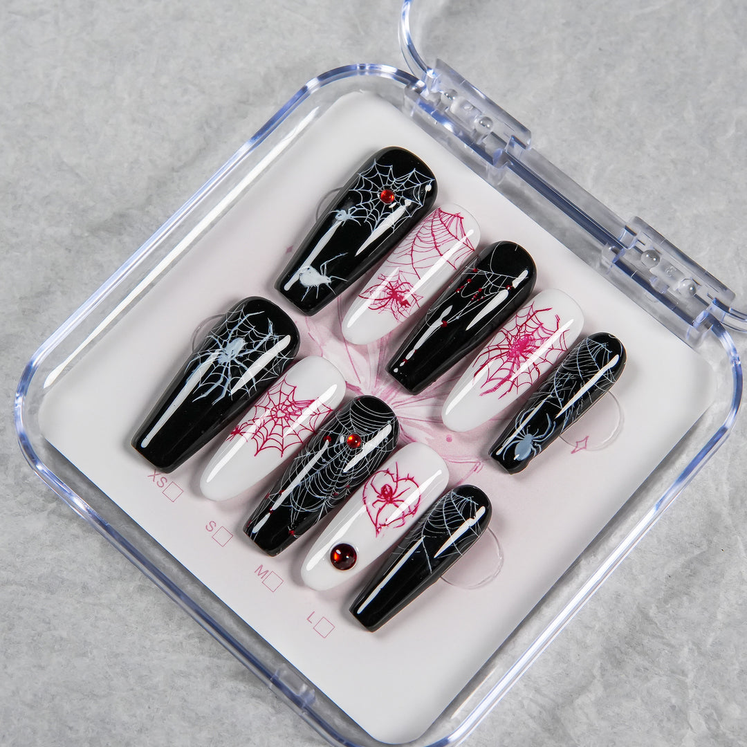 Artistic Halloween-Themed Press-On Nails with Spider Web Design