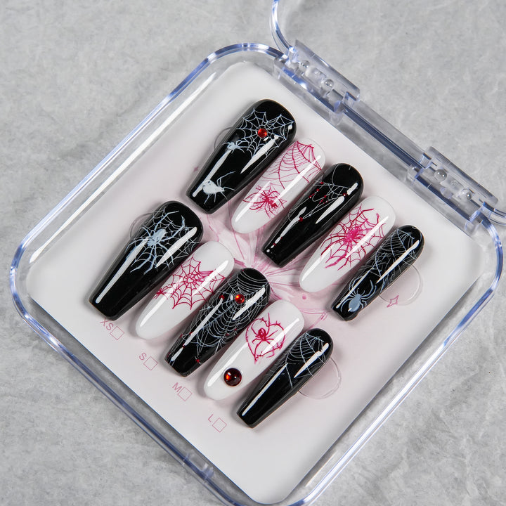 Artistic Halloween-Themed Press-On Nails with Spider Web Design