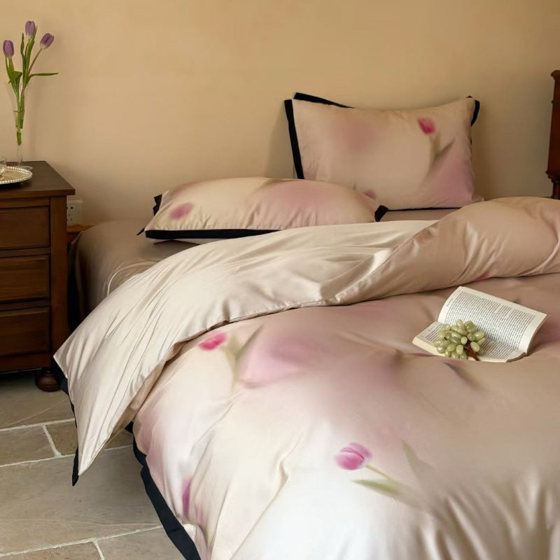 Luxurious satin bedding set with tulip pattern and contrast piping
