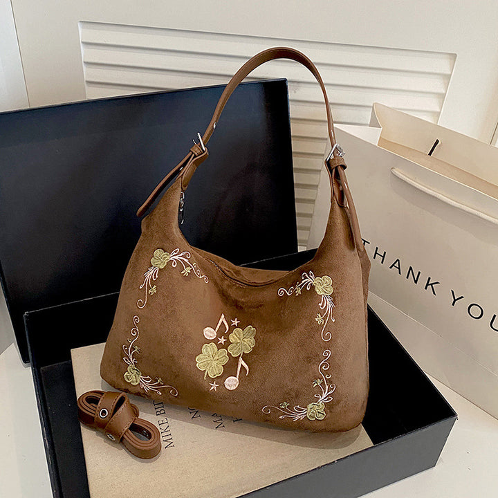 Embroidered Suede Hobo Handbag