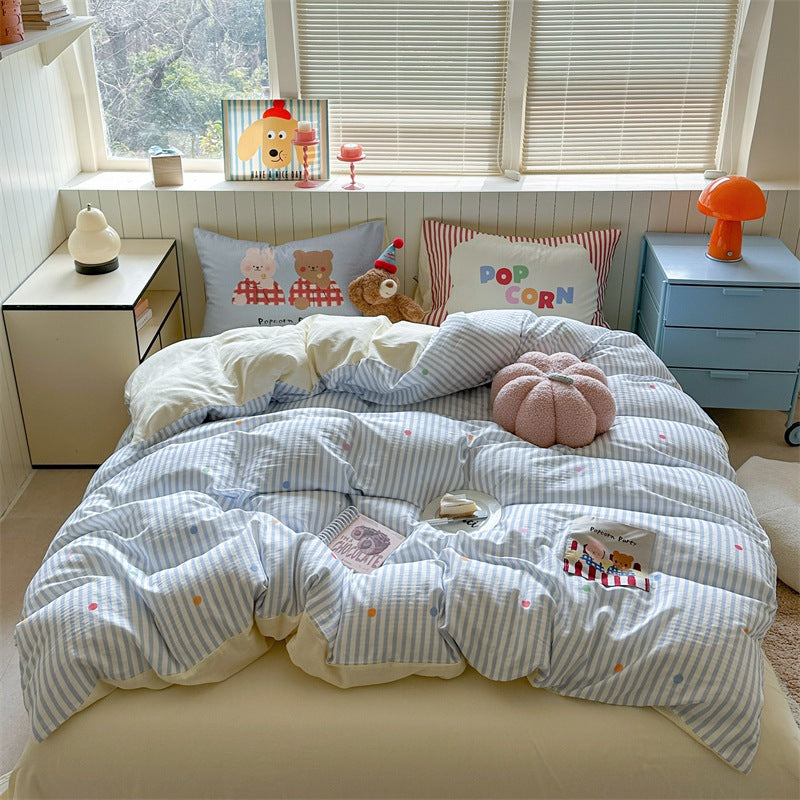 Striped Cotton-Blend Lightweight Reversible Comforter with Playful Dot Accents