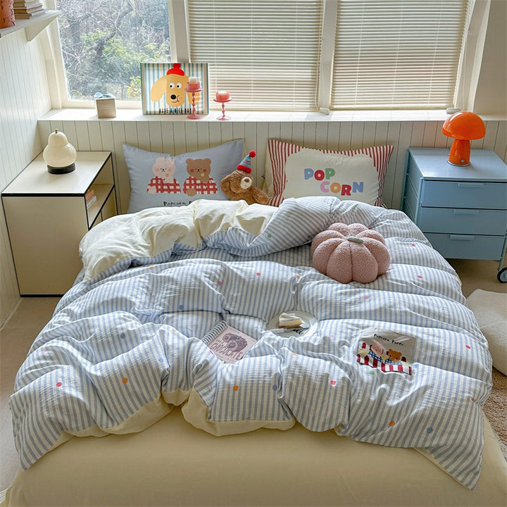 Striped Cotton-Blend Lightweight Reversible Comforter with Playful Dot Accents