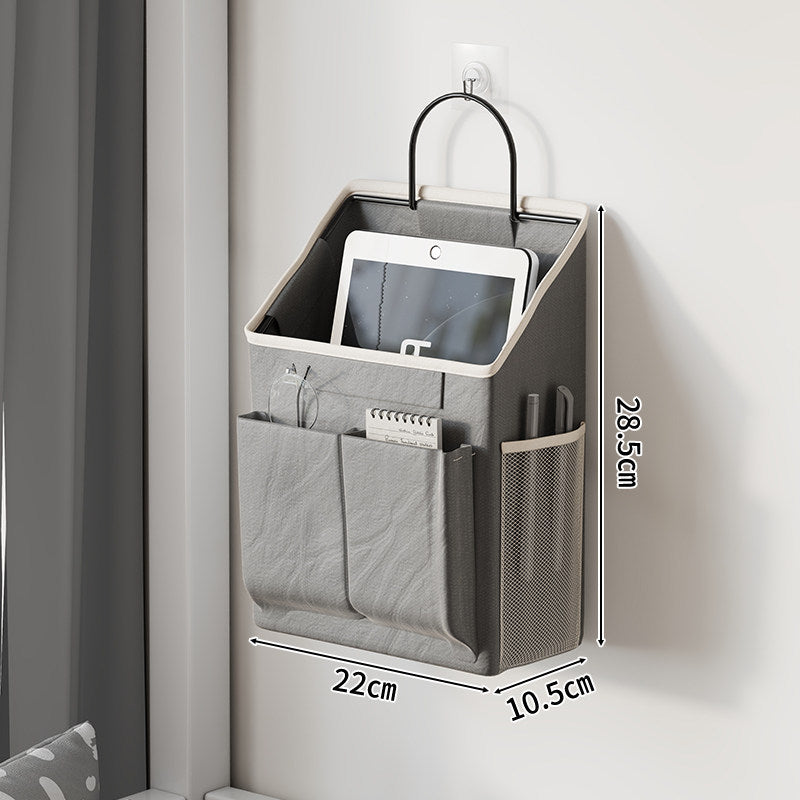 Wall-Mounted Canvas Pocket Organizer with Mesh Side Pouch and Metal Hook