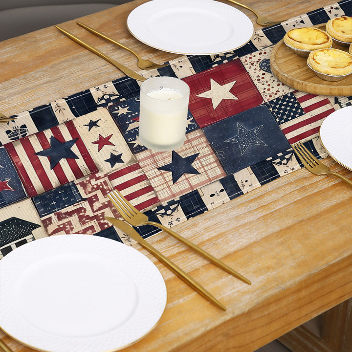 Distressed American Flag Cotton-Linen Table Runner with Patriotic Stars and Stripes Print