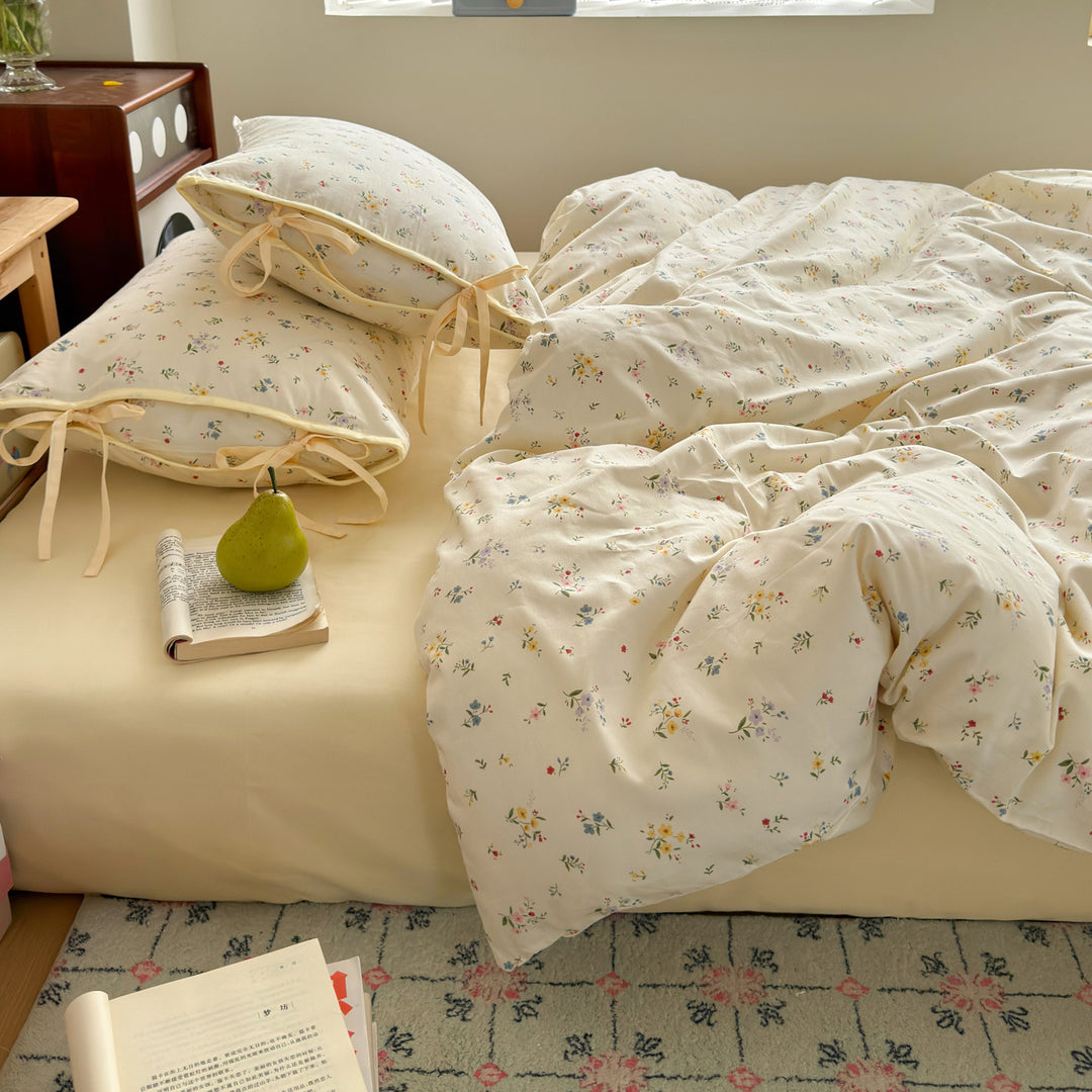 Floral Tie-Closure Cotton-Blend Duvet Cover Set with Ruffled Edge Pillow Shams