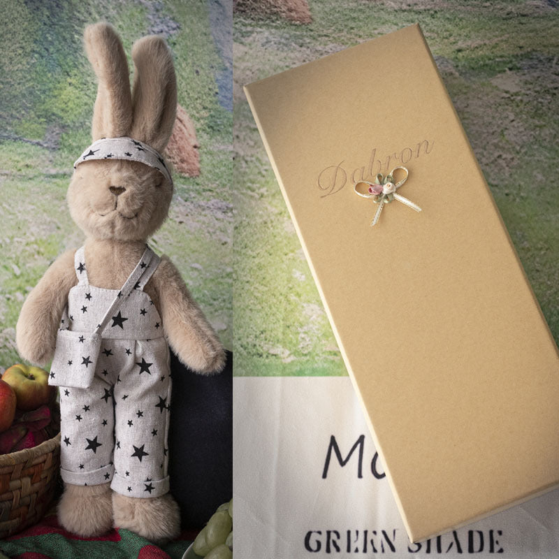 Handcrafted Plush Rabbit Toy with Star-Print Linen Overalls and Visor