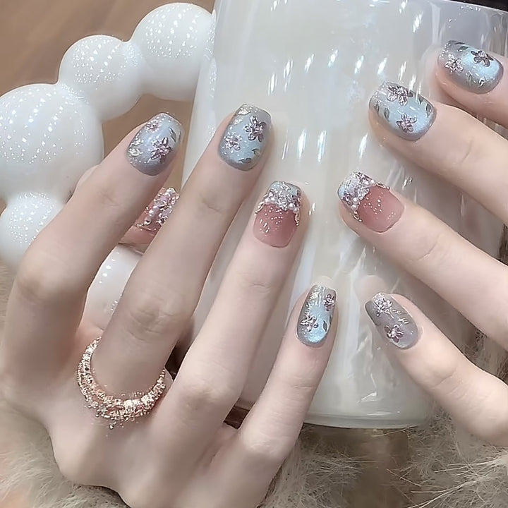 Premium Decorative Press-On Nail Set with Floral Elements